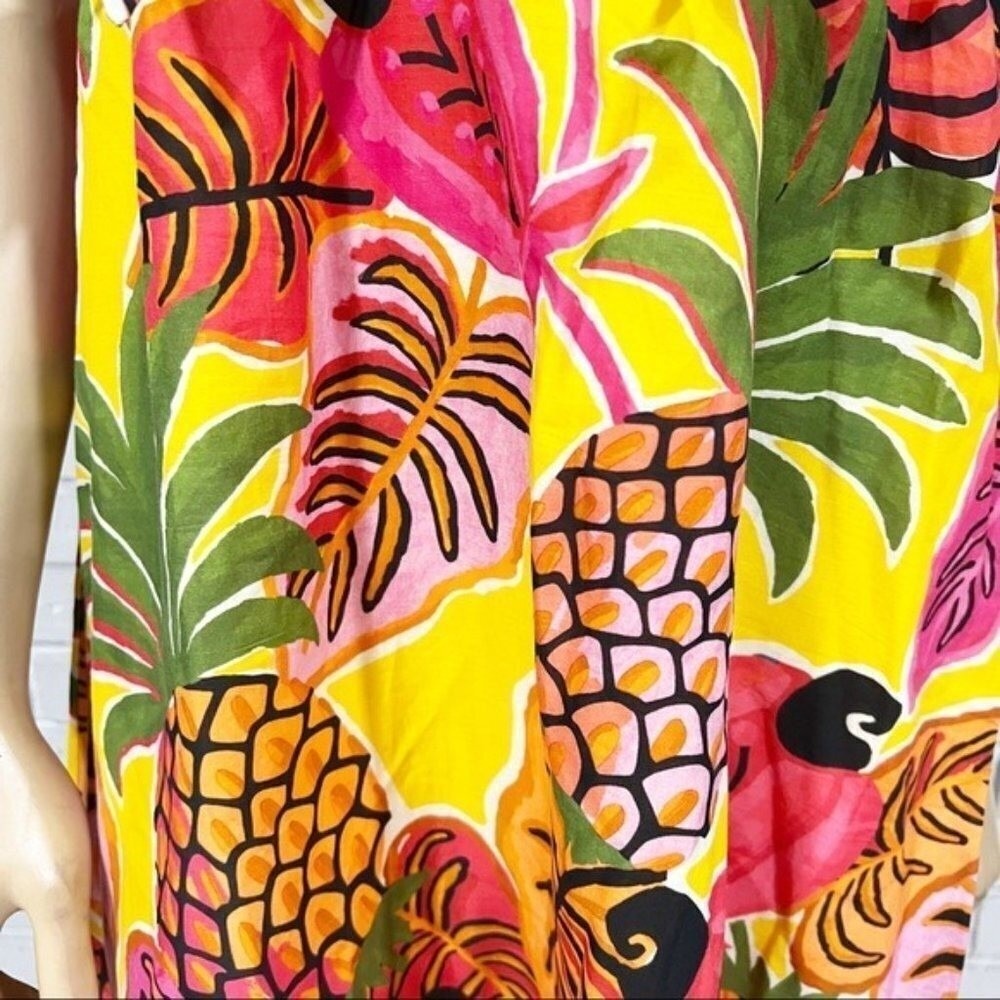 Farm Rio Yellow Tropical Pineapple Parrot Smocked Maxi Dress | Size Small - Picture 2 of 16